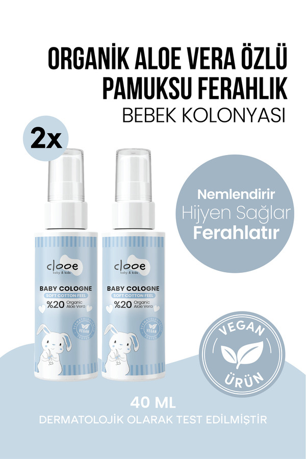 clooe Vegan Organik Aloe Vera Özlü Yatıştırıcı Nemlendirici Pamuksu Bebek Kolonyası 2'li Avantajlı Seti