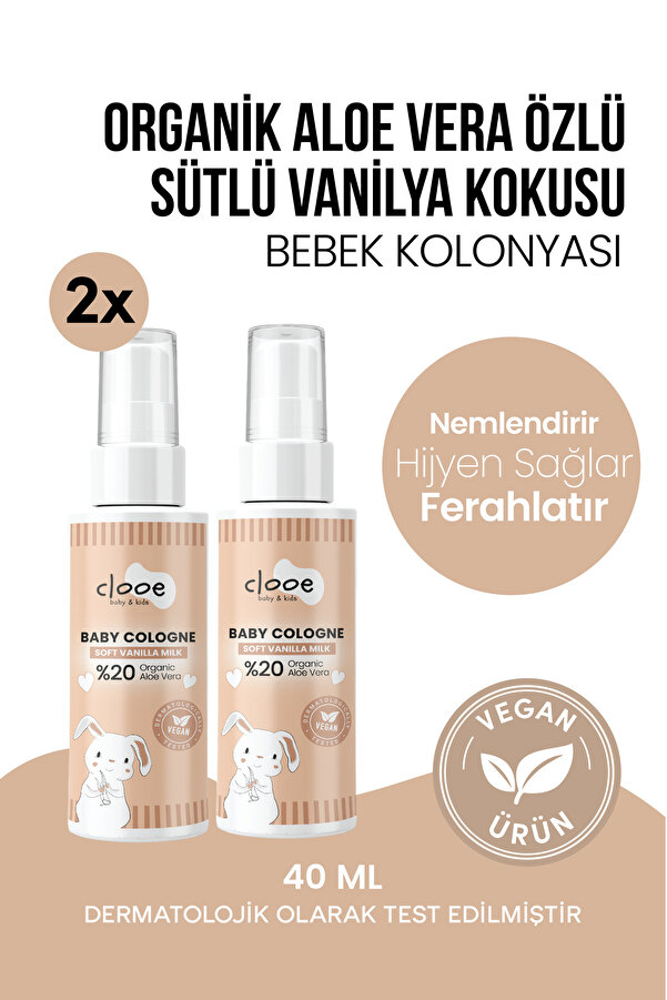 clooe Vegan Soft Vanilla Milk Bebek Kolonyası Aloe Vera Özlü Yatıştırıcı Nemlendirici Pamuksu 40 ml 2'li