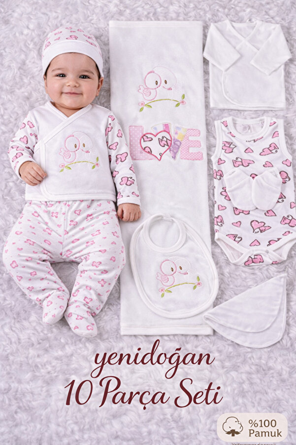 Petino 10 Parça LOVE %100 Pamuk Yeni Doğan Hastane Çıkış Seti Kız Bebek Pembe