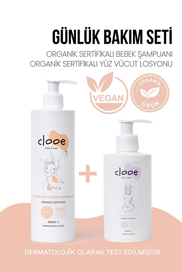 clooe Günlük Bakım Seti - Organik Bebek Şampuanı (400ML) - Organik Bebek Losyonu (250ML)