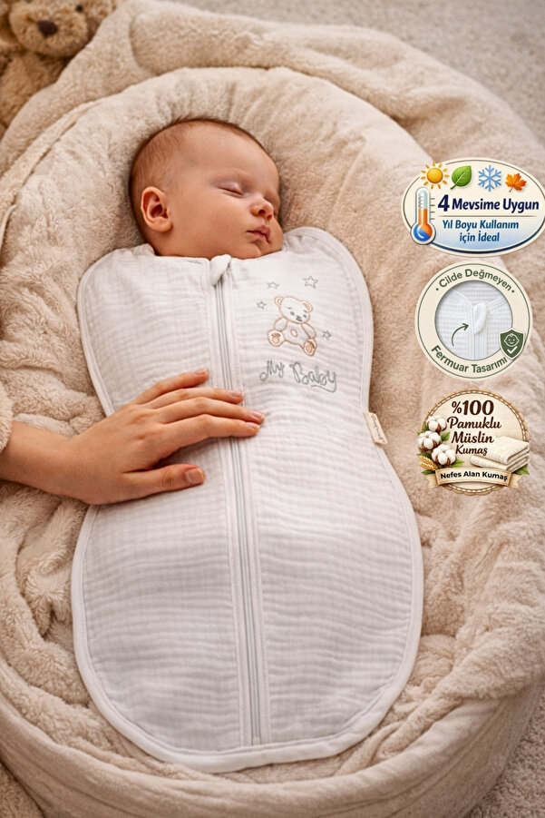 Tomuycuk 4 Kat Müslin Kız Erkek Bebek Uyku Tulumu %100 Pamuklu Doğal Organik Uyku Kundağı Yenidoğan 3-6 Aylık