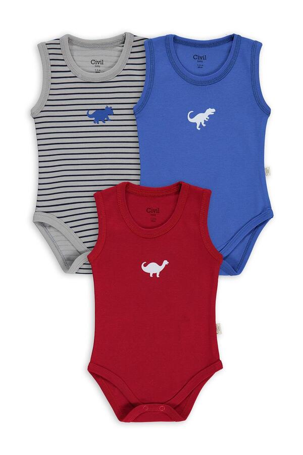 Civil Baby Dinazor Baskılı 3 Lü 0-36 Ay Çıtçıtlı Badi - Kırmızı