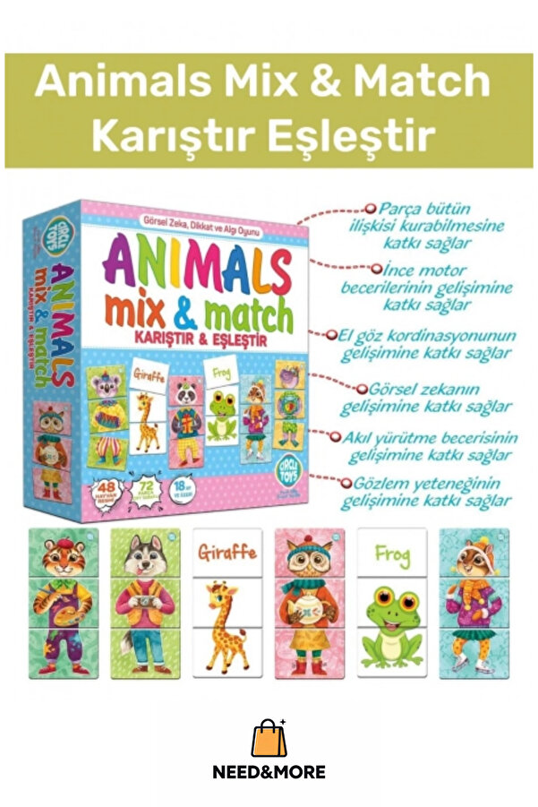 NEED&MORE #Zeka Geliştirici Çocuk El Göz Koordinasyonu Animals Mix & Match Karıştır Eşleştir