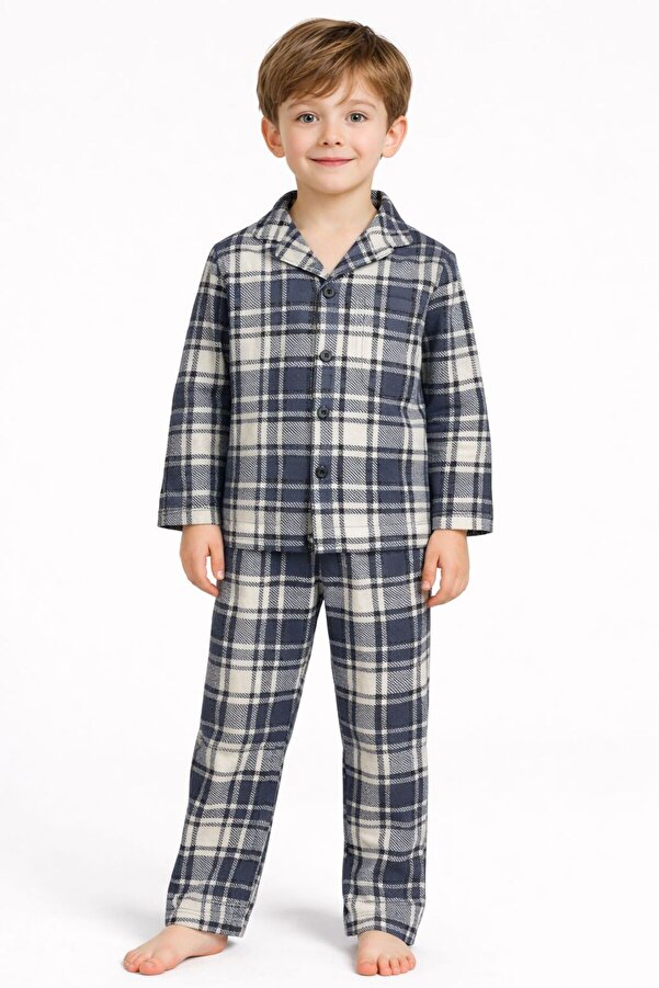 mışıl mışıl kids Erkek Çocuk Yazlık Uyku Bantlı Gri Renkli Ekose Desenli Gömlek Yaka Pijama Takımı