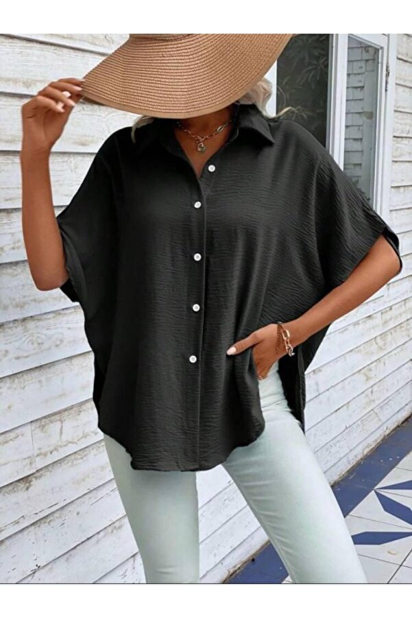 GETFAY Kadın Aerobin Kumaş Oversize Kısa Kollu Gömlek - Siyah / 2XL-3XL
