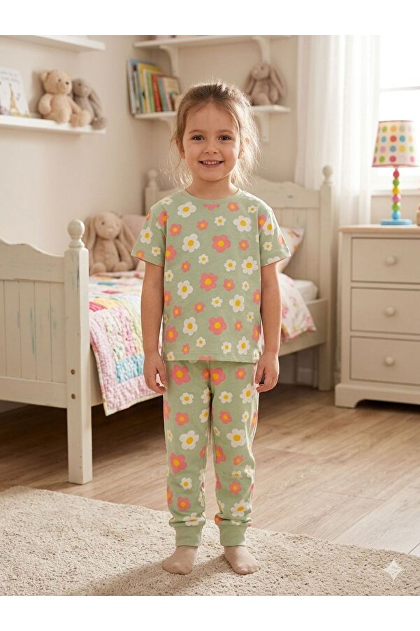 SERRASTIL Kız Çocuk Papatya Desenli %100 Pamuk Süprem Kumaş Kısa Kollu Pijama Takımı