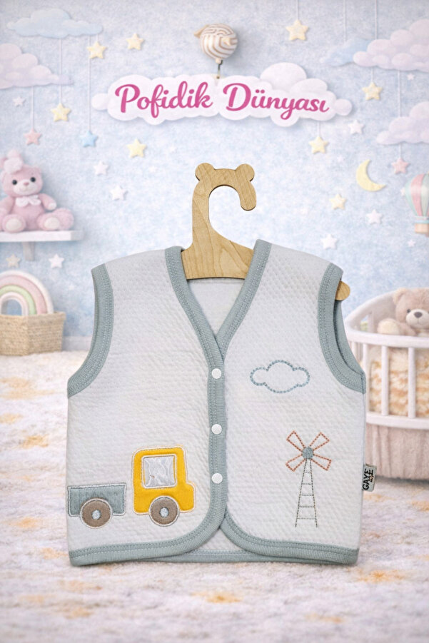 Gaye Erkek Bebek Kamyon Nakışlı Pamuklu Çıtçıtlı Yelek