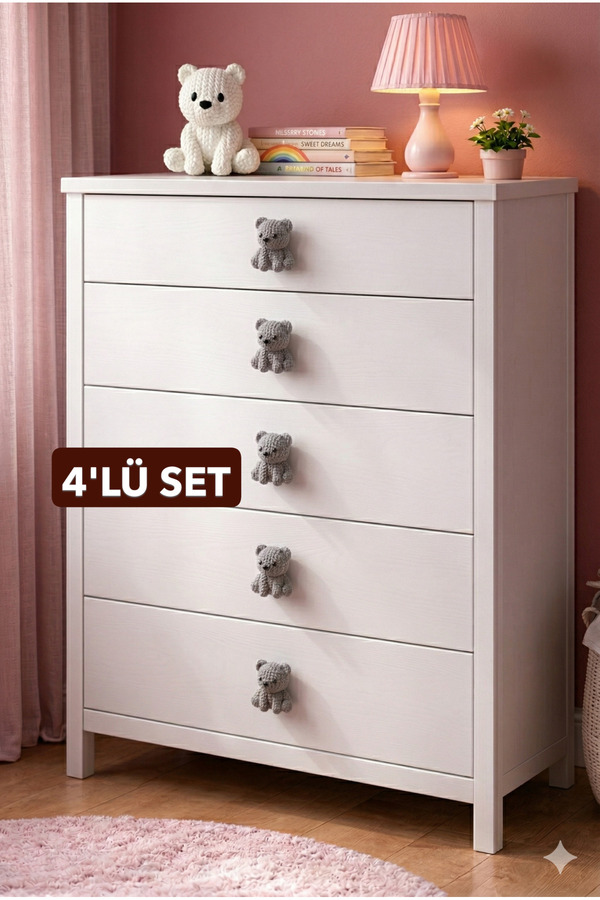 Rekatech 4LÜ SET GRİ AYI Çocuk Odası Örgü Desenli-Dekoratif Çekmece Kulpu Hayvan Figürlü Dolap Kulbu