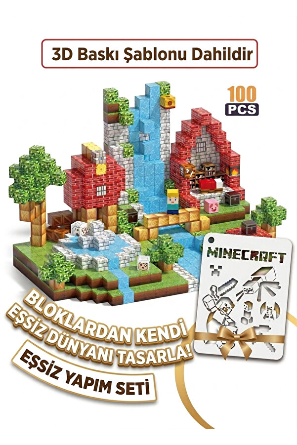 acces 100 Adet MineCraft Tarzı Manyetik Küp Yapı Blokları Oyuncak Seti