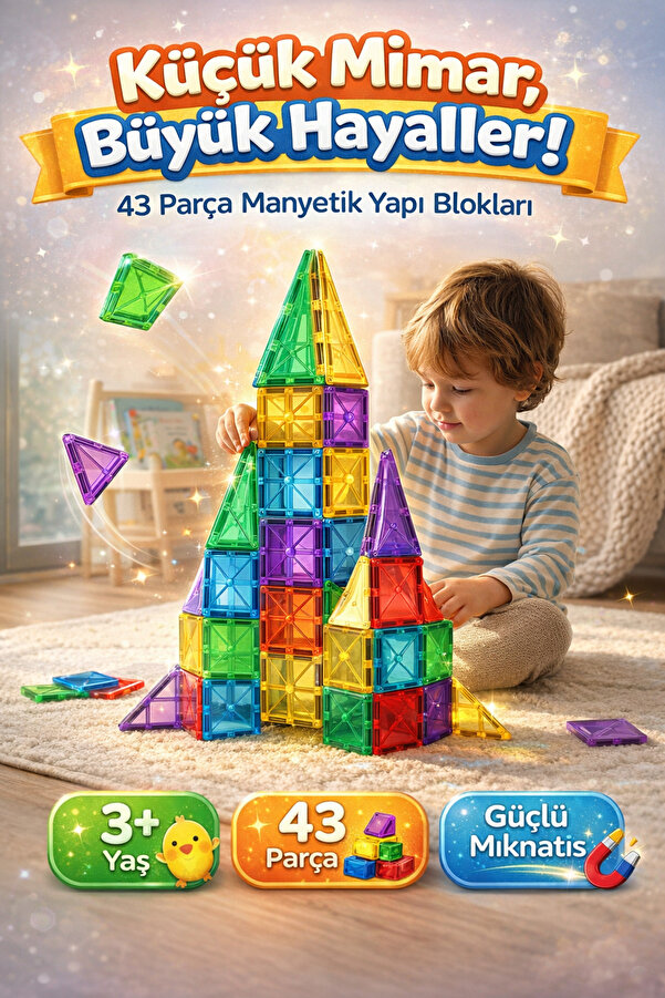 DENAPCAL Manyetik Yapı Blokları 43 Parça Mıknatıslı Bloklar 3+ Yaş Eğitici Oyuncak, Manyetik Oyuncak