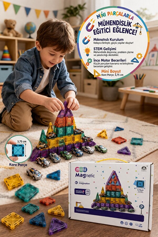 TOYFEST Magnetic Mini 93 Parça Manyetik Yapı Blokları 12 Arabalı Eğitici Oyun Seti - Kare Parça 3.75 CM