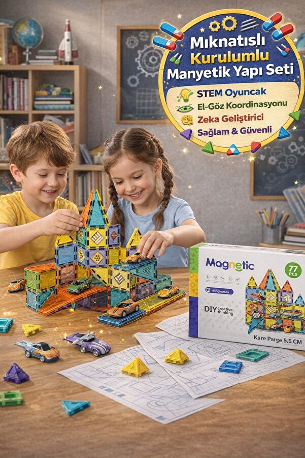 TOYFEST Magnetic 77 Parça Manyetik Yapı Blokları Eğitici Zeka Oyunu Montessori Seti Mini Kare Parça 5.5 CM