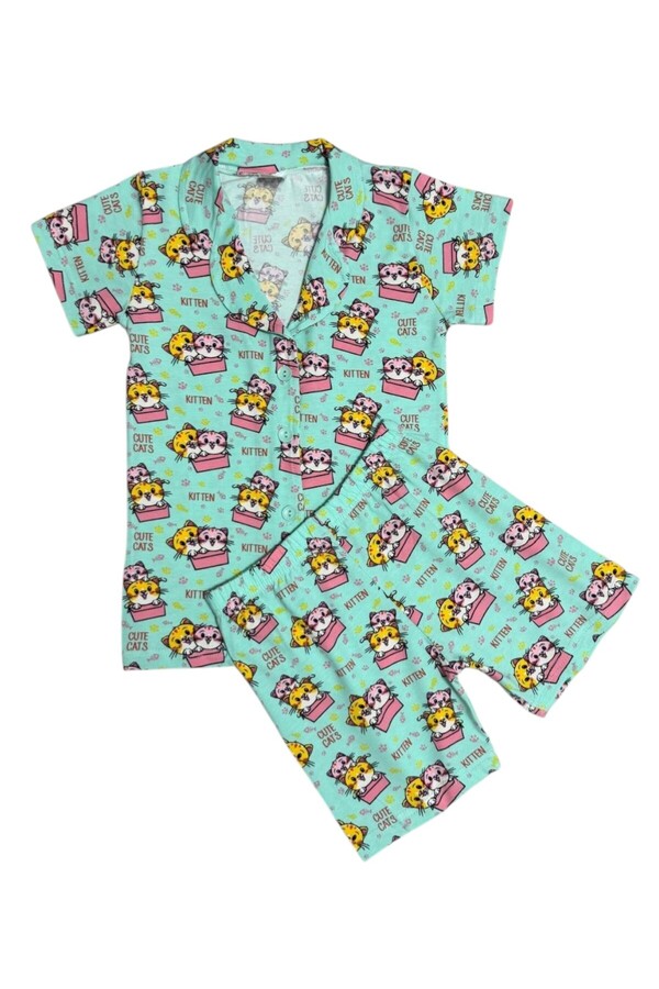 Fil Kids Kız Çocuk %100 Pamuklu Yeşil Kedi Desenli Düğmeli Kısa Kollu Şortlu İnterlok Yazlık Pijama Takımı