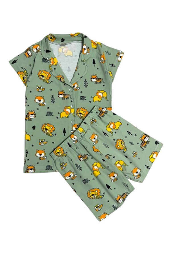 Fil Kids Erkek Çocuk %100 Pamuklu Yeşil Aslan Desenli Düğmeli Kısa Kollu Şortlu İnterlok Yazlık Pijama Takımı