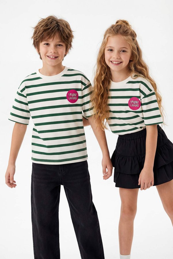 TRENDYOLKIDS Green Striped Knitted T-Shirt Tkdss25Ts00037