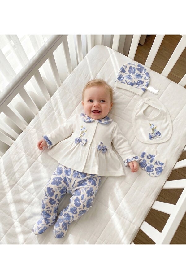 Miniday Baby Kız Bebek Bayramlık Çiçek Basklı 5'Li Set Hastane Çıkışı Yeni doğan % 100 Pamuk