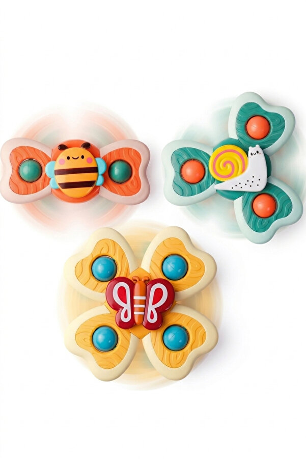CARA CARO 3'lü Duyusal Vantuz Spinner: Banyo ve Seyahat Oyuncağı, Eğitici Bebek Hediyesi, 6+ Ay