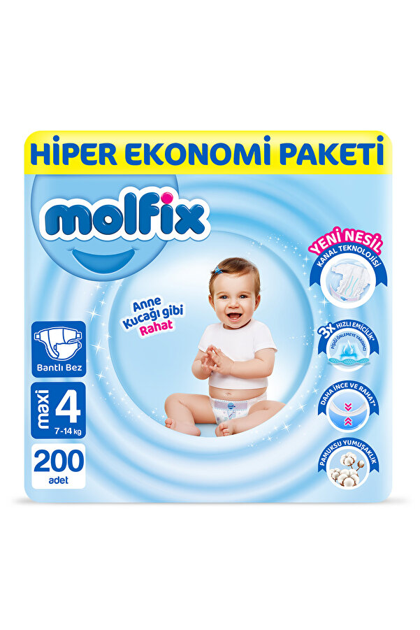 Molfix Bebek Bezi 4 Beden Maxi Hiper Ekonomi Paketi 200 Adet