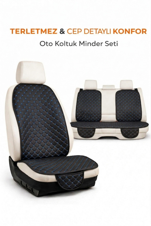 Genel Markalar Terletmez Cepli Oto Koltuk Minder Seti Kolay Montaj Universal Koruyucu Kılıf Kumaş Mavi