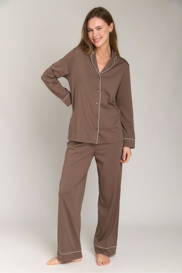 LOVELY THINGS Nina Knitted Long Sleeve Shirt and Pants Set Pajama Set - Bitter Brown