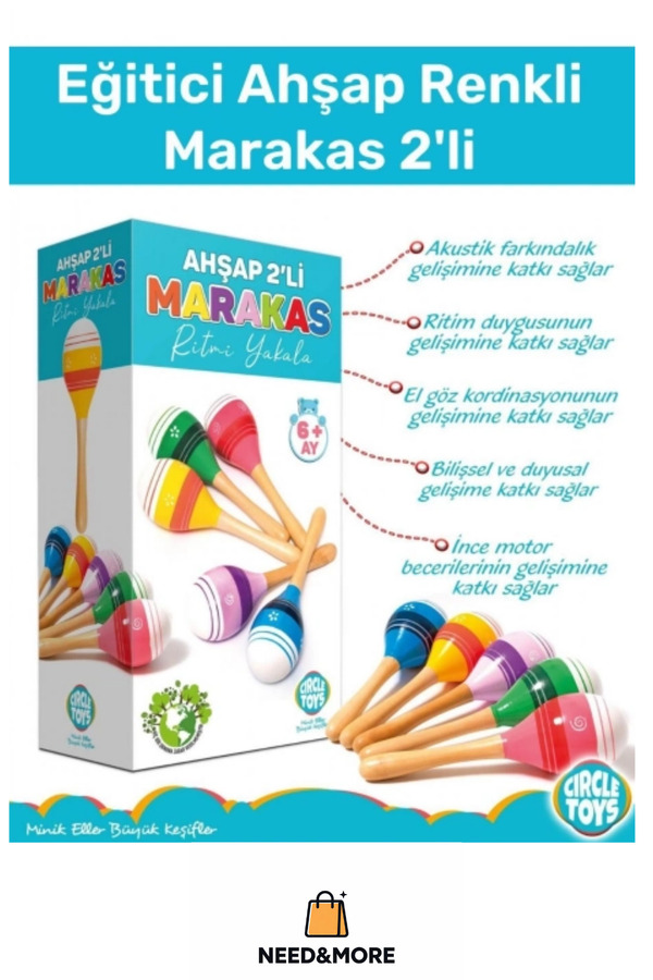 NEED&MORE #Zeka Geliştirici Eğitici Kişisel Gelişim Çocuk Ahşap Renkli Marakas 2'li