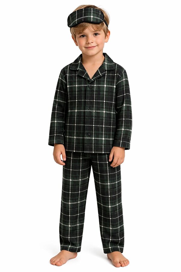mışıl mışıl kids Erkek Çocuk Milan Kumaş Ekose Desenli Gömlek Yaka Düğmeli Uyku Bantlı Pijama Takımı
