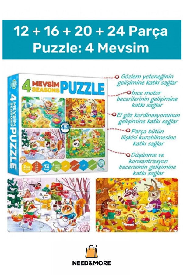 NEED&MORE #Zeka Geliştirici Eğitici Çocuk 12 + 16 + 20 + 24 Parça Puzzle: 4 Mevsim