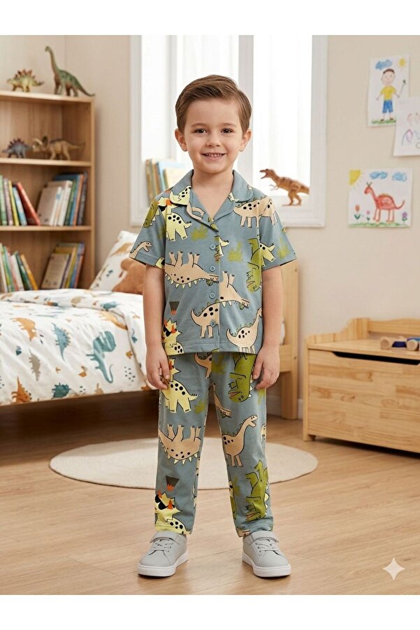 SERRASTIL Erkek Çocuk Dinazor Desenli Pamuklu Düğmeli Kısa Kollu Pijama Takımı