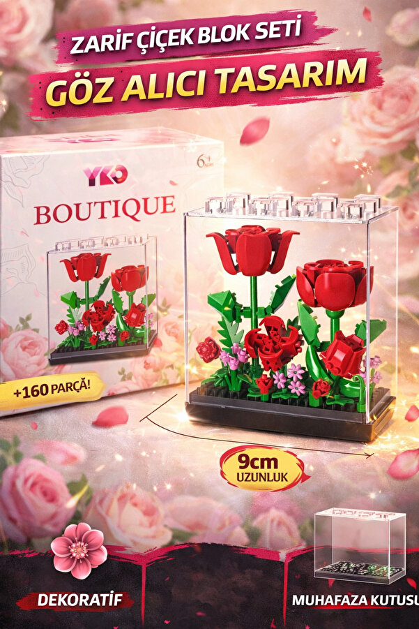 Cici Oyuncak Boutique Mini Blok Çiçek Seti 160 Parça – Dekoratif Şeffaf Kutulu Yapı Oyuncak 8x8x9 cm