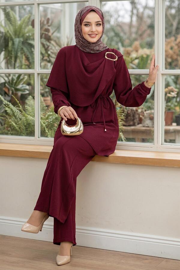 hafsamina Ayrobin Suit with Side Buckle Trousers Claret Red Hm2901