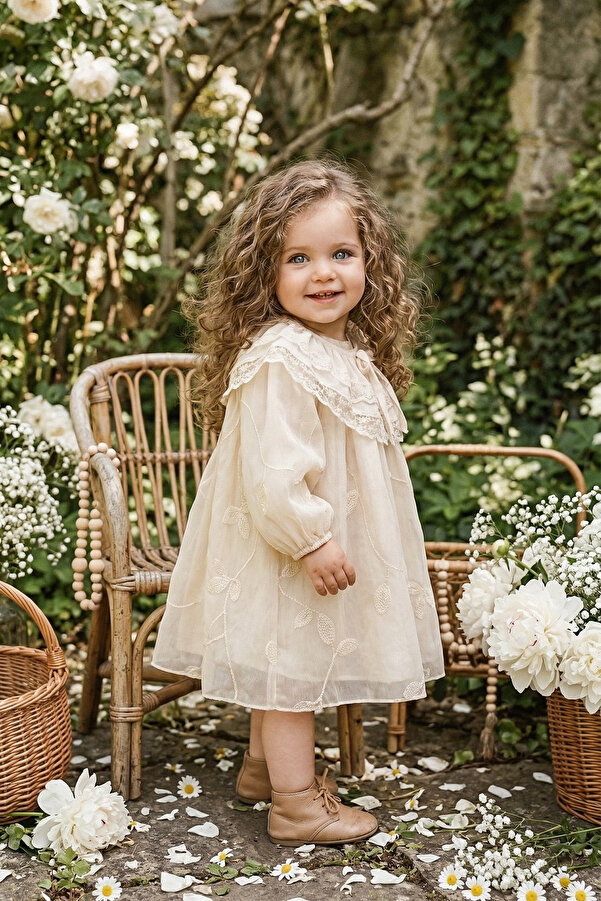 ALYRA Vintage Tarzı Krem Renkli Nakışlı Fiyonk Detaylı Uzun Kollu Bebek Elbisesi Özel Gün Elbise 9-24 Ay