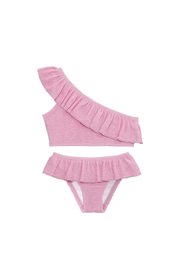 SAND MOTHER UV Korumalı Fırfırlı Dokulu Tek Omuz Kız Çocuk Bikini Takımı
