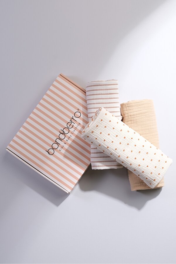 Bondberro Özel Kutulu 3 Adet 2 Katlı Müslin Örtü & Battaniye %100 Pamuklu Xl Boy 100 X 85 Cm ( Kahve )