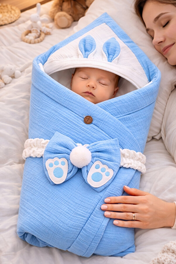 Tomuycuk 4 Kat Müslin Mavi Bebek Battaniyesi %100 Pamuklu Doğal Organik Uyku Kundağı Hastane Çıkışı