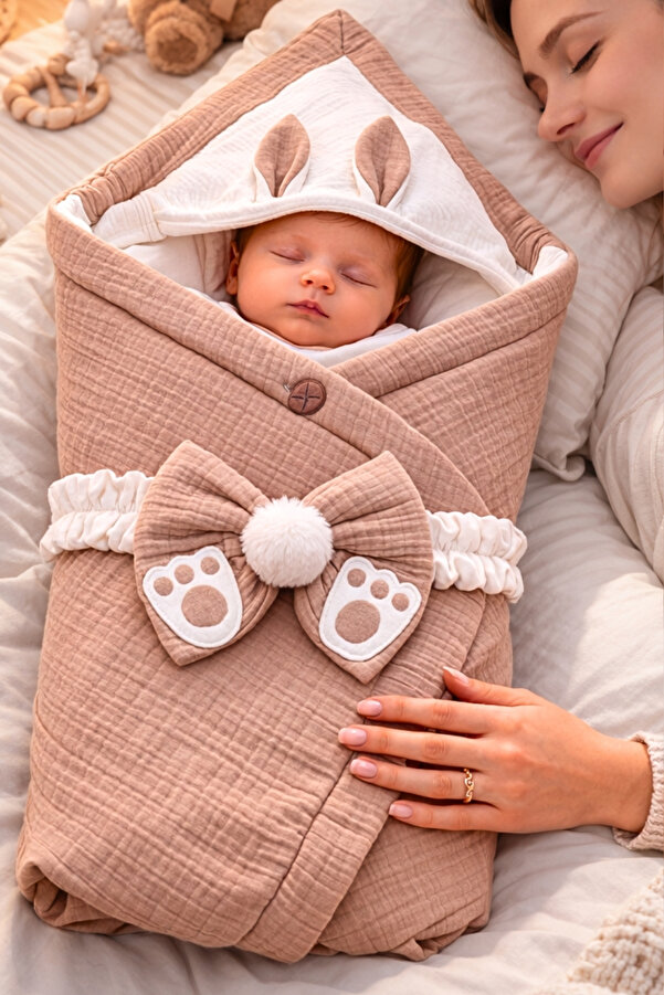 Tomuycuk 4 Kat Müslin Sütlü Kahve Bebek Kundağı Unisex Dış Kundak Battaniyesi Hastane Çıkışı Hediyelik