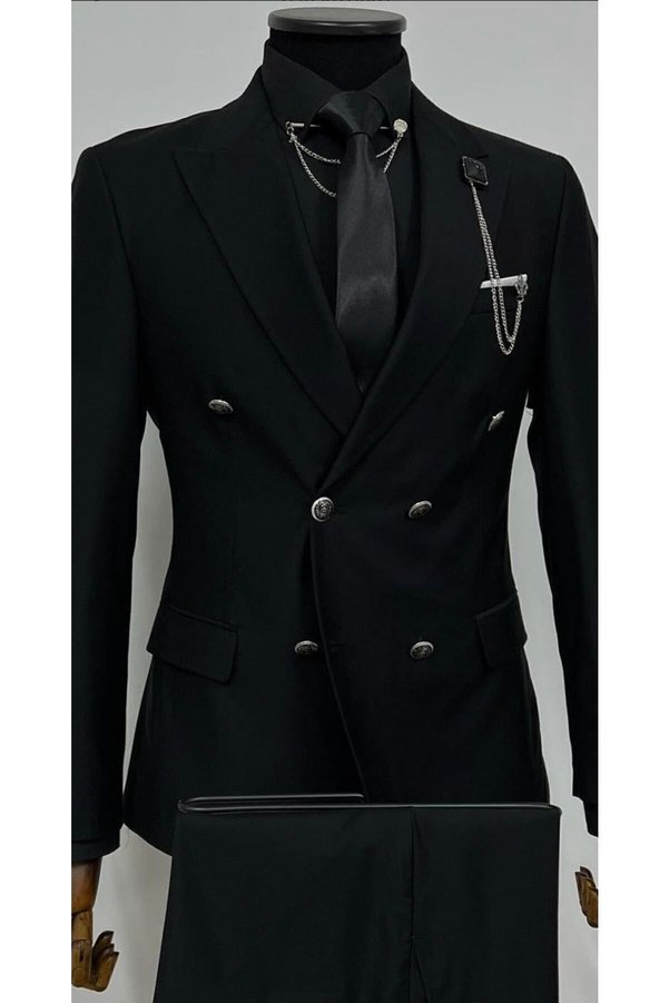 terzi ayhan Black Slim Fit Bone Button Double Breasted Suit – Slimfit, Choose 1 Size Larger.