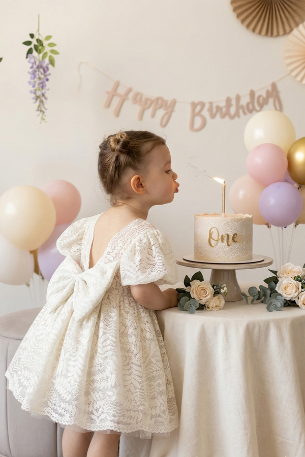 ALYRA Kız Bebek Elbise Kısa Kollu Fiyonklu Doğum Günü Parti Düğün Özel Gün Abiye Kız Çocuk Elbise