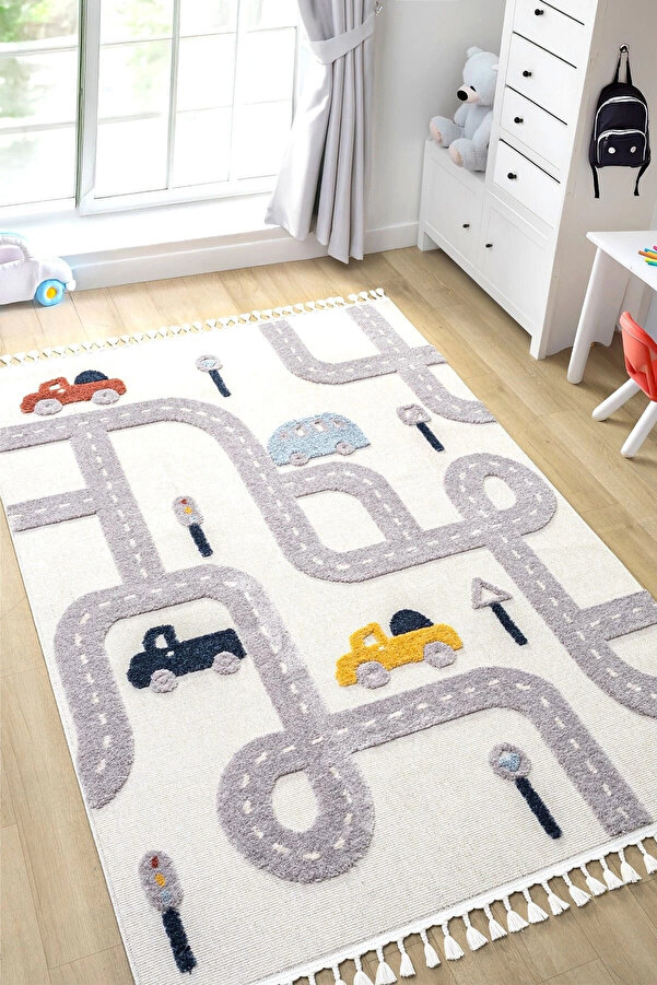 Eliz Home Yumuşak Renkli Bukleli Araba Yolu Dokuma Halı Bebek Odası Çocuk Odası Genç Odası Halısı 8