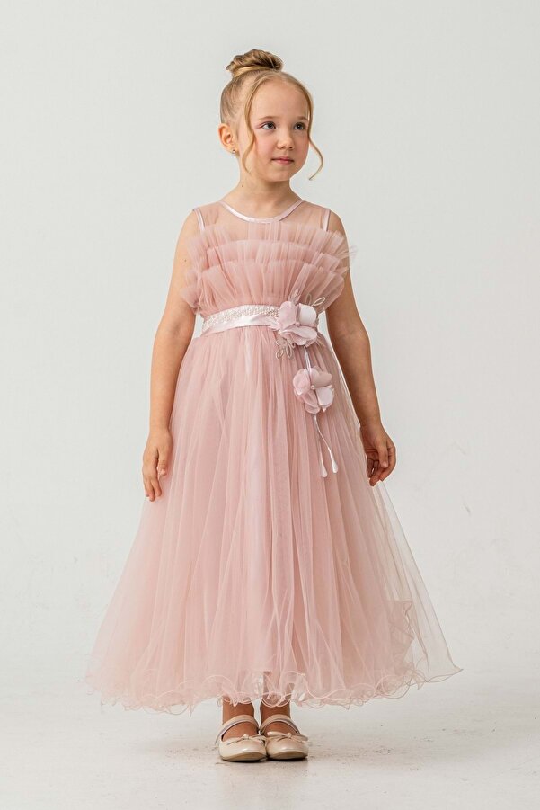 Mnk Baby&Kids Kız Çocuk Robası Katlı Özel Gün Abiye Elbise MNK0475 PUDRA