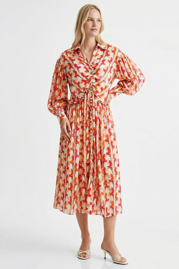 Exquise Long Sleeve Patterned Midi Shirt Dress
