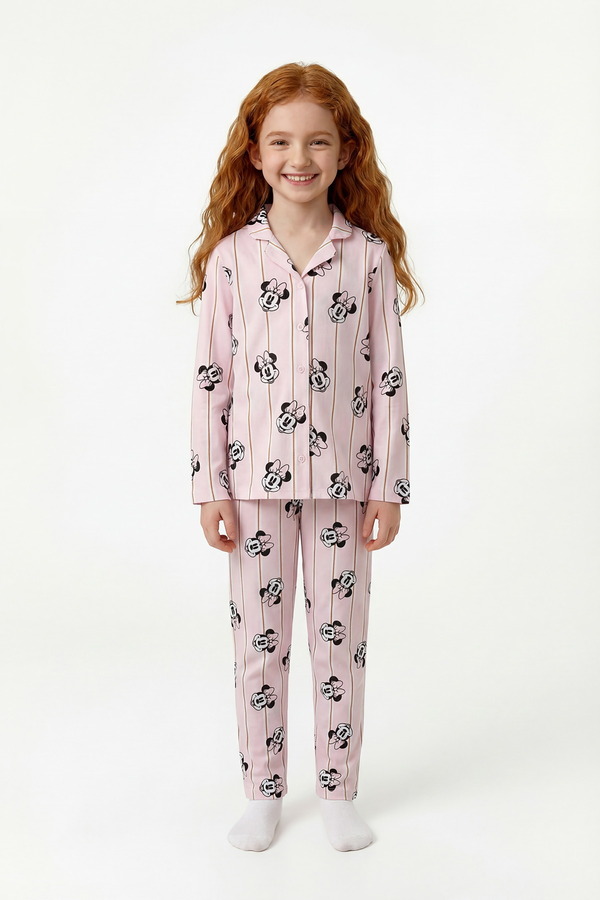 Penti İnci Pembe Kız Çocuk Minnie Fam Uzun Kollu Düğmeli Pamuklu Gömlek Pijama Takımı