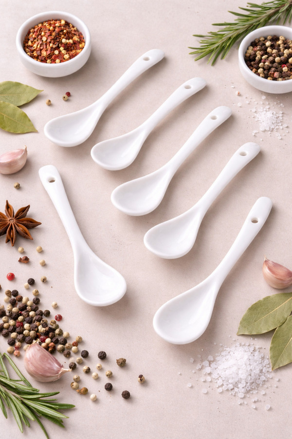 EcoVibe 6 Adet Beyaz Porselen Servis ve Baharat Kaşığı Mama Şeker Çay Tatlı Reçel Kahvaltılık Kaşığı 12cm