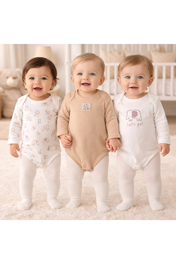 Necix's %100 Pamuk 3'lü Erkek Bebek Body Seti Uzun Kollu Yumuşak Nefes Alabilir Mevsimlik Zıbın