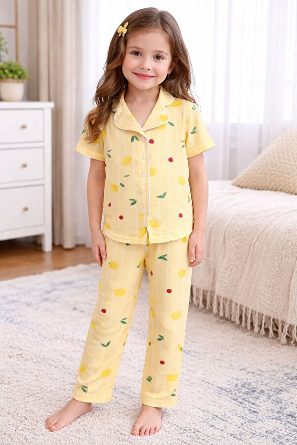 mışıl mışıl kids Limon Çilek Desenli Milan Kumaş Yazlık Kısa Kollu Kız Çocuk Pijama Takımı