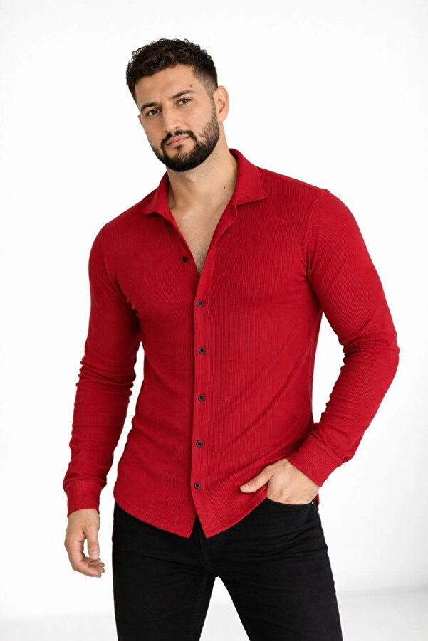 pilelistore Erkek Waffle Kumaş Uzun Kollu Düğmeli Açık Yaka Regular Fit Gömlek - Kırmızı