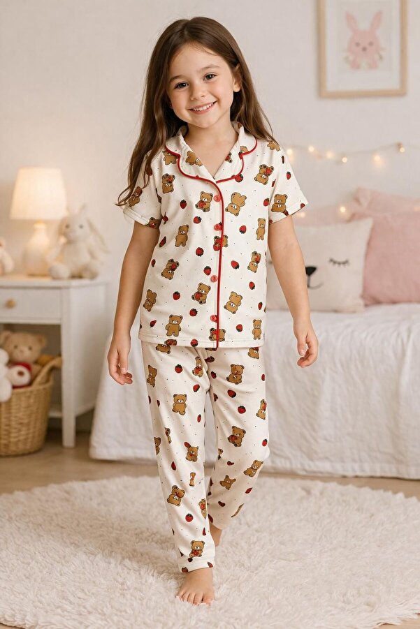 byalisdmr KIZ ÇOCUK PİJAMA TAKIMI YAZLIK %100 PAMUK MİLAN KUMAŞ KISA KOLLU BİYE DETAY GÖMLEK YAKA