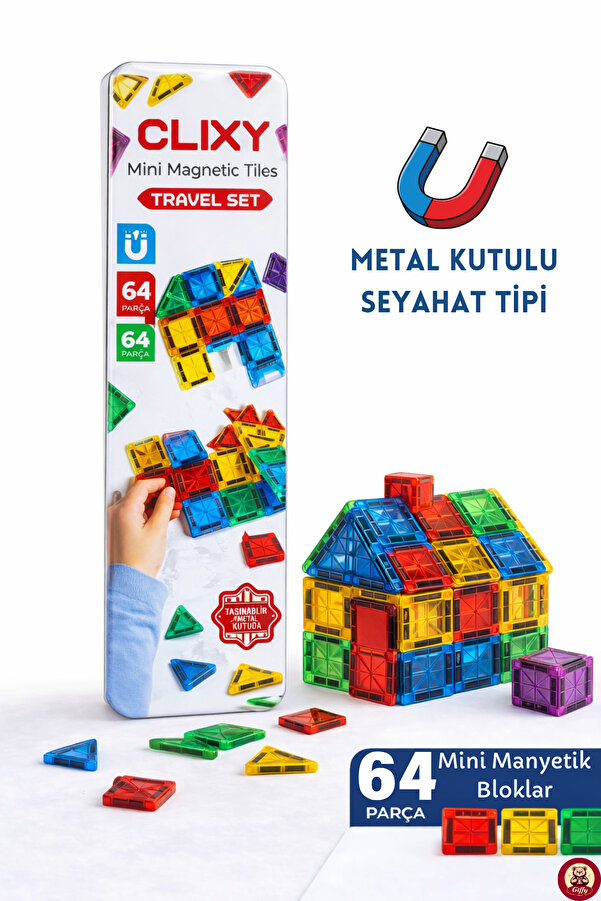 giffy Manyetik Yapı Blokları - 64 Parça Seyahat Tipi Mini Bloklar Metal Saklama Kutulu Çanta Boy Renkli