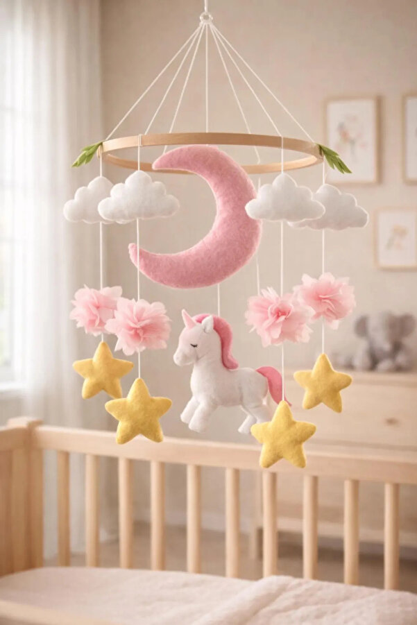 fn (MÜZİK KUTUSU HEDİYELİ) Keçe Bebek Beşik Dönencesi Beşik Süsü Bebek Odası Dekorasyonu Montessori