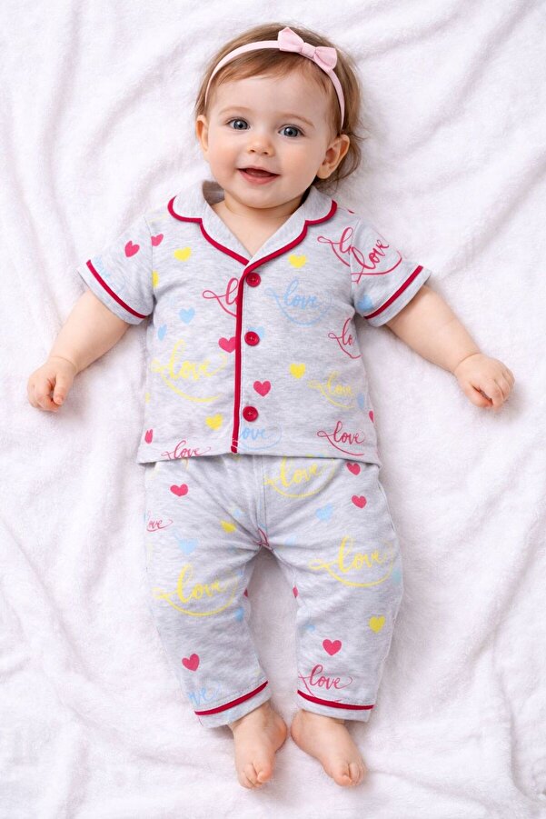 derin baby %100 Pamuk Kısa Kollu Düğmeli Yazlık Minik Renkli Kalp Love Desenli Unisex Bebek Çocuk Pijama Takımı