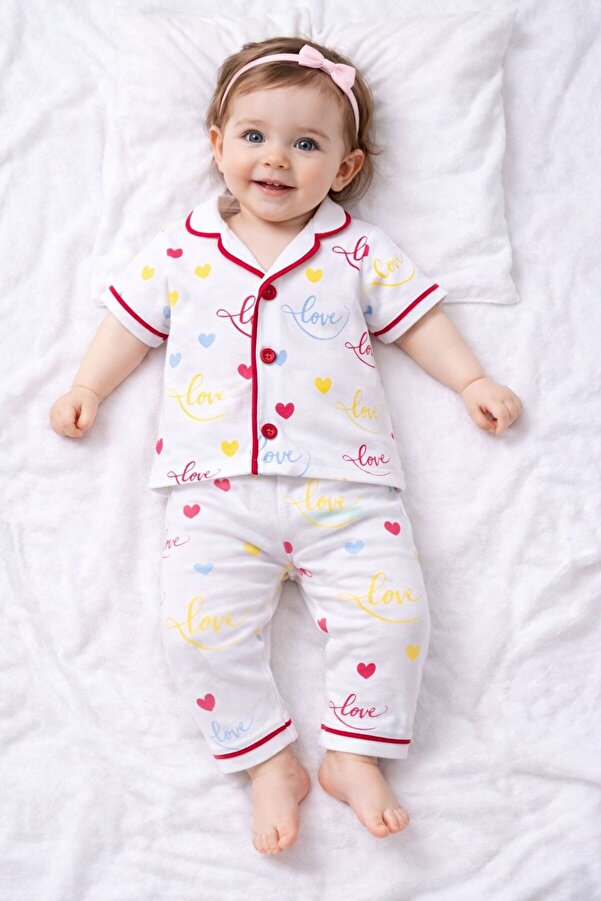 derin baby %100 Pamuk Kısa Kollu Düğmeli Yazlık Minik Renkli Kalp Love Desenli Unisex Bebek Çocuk Pijama Takımı